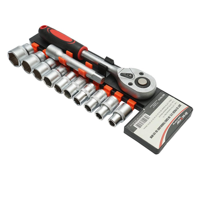 Set di chiavi a bussola con cricchetto da 1/2" Cr-V, bussole 10 pezzi, cricchetto, prolunga, Breckner Germany