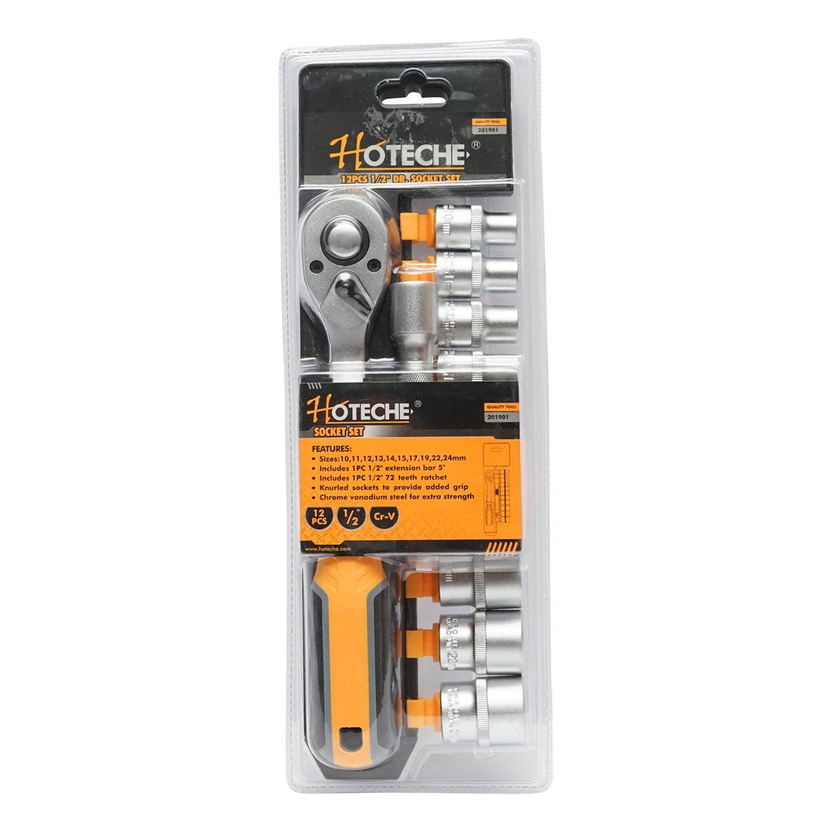 Set di chiavi a bussola con cricchetto da 1/2" Cr-V, bussole 10 pezzi, cricchetto, prolunga, Hoteche