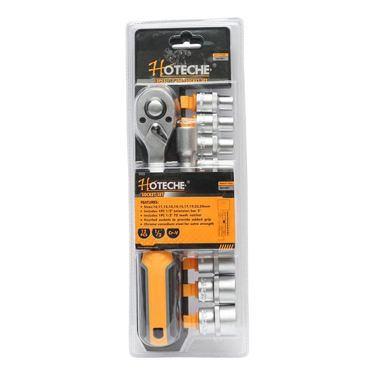 Set di chiavi a bussola con cricchetto da 1/2" Cr-V, bussole 10 pezzi, cricchetto, prolunga, Hoteche