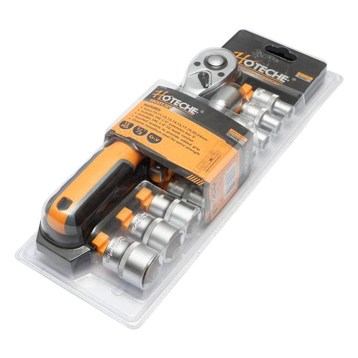 Set di chiavi a bussola con cricchetto da 1/2" Cr-V, bussole 10 pezzi, cricchetto, prolunga, Hoteche