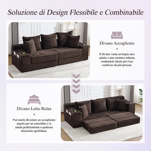 Divano in velluto a coste 4 posti 273 cm; schienale alto e cuscini; tasche e portabicchieri; marrone caffè