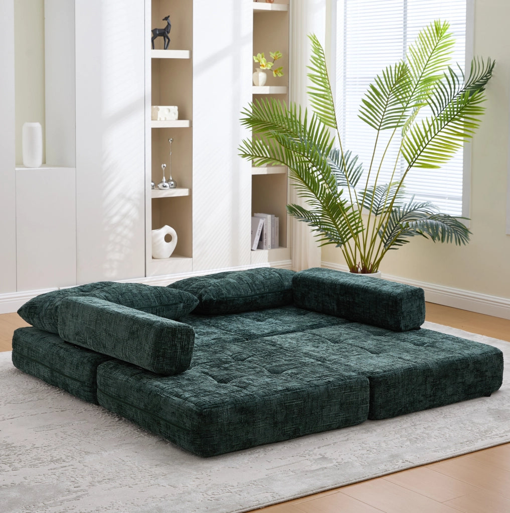 Divano letto pieghevole in ciniglia verde smeraldo con cuscini e imbottitura ad alta densità
