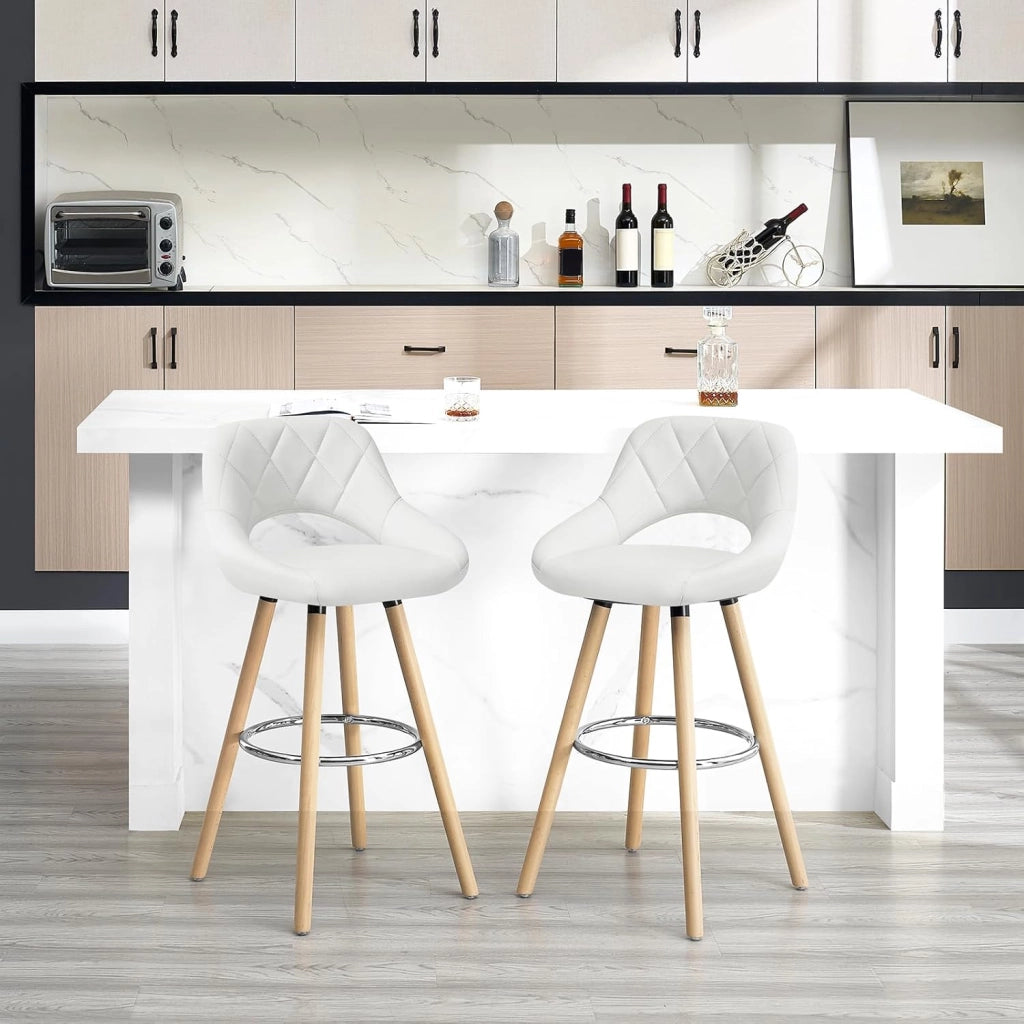 Sgabelli da Cucina Set di 2, Sgabello da Bar per Colazione, Sgabelli Alti con Poggiapiedi e Schienale, Sedile in Pelle Sintetica+Gambe in Legno, Bianco, BH111ws-2