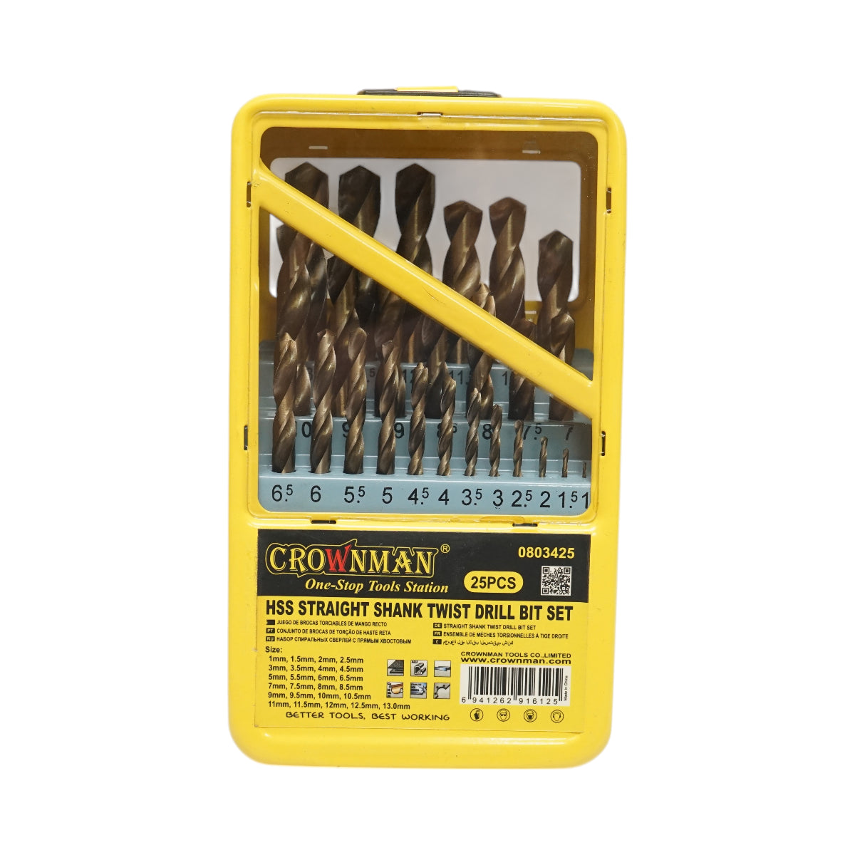 Set di punte elicoidali HSS Crownman da 25 pezzi da 1-13 mm con gambo cilindrico per metallo