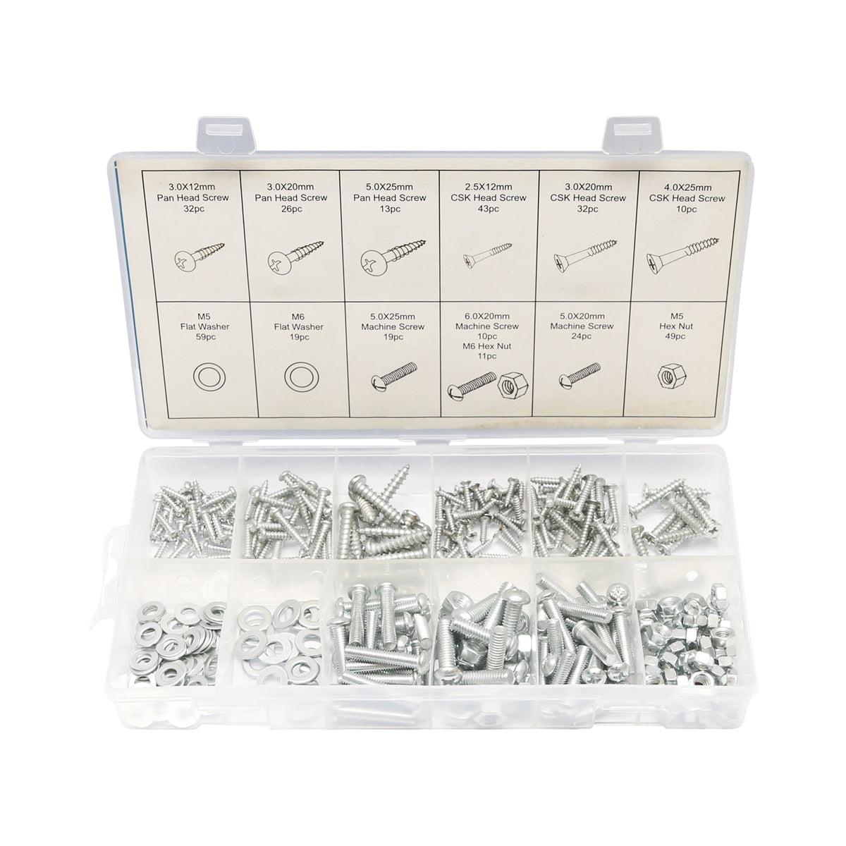 Set di viti per legno e lamiera, viti a croce, dadi e rondelle piatte, 347 pezzi