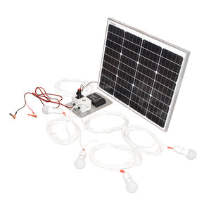 Set pannello solare 50W fotovoltaico monocristallino 670x540x30mm 12-24V presa accendisigari con 4 lampadine 9W