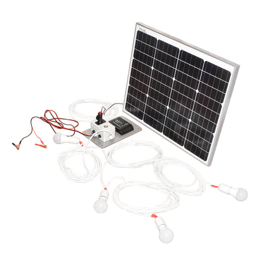 Set pannello solare 50W fotovoltaico monocristallino 670x540x30mm 12-24V presa accendisigari con 4 lampadine 9W