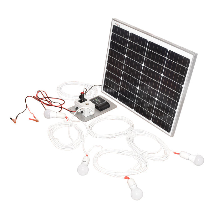 Set pannello solare 50W fotovoltaico monocristallino 670x540x30mm 12-24V presa accendisigari con 4 lampadine 9W