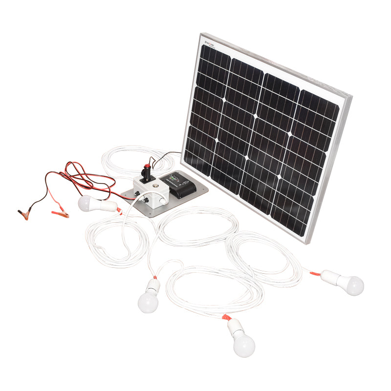 Set pannello solare 50W fotovoltaico monocristallino 670x540x30mm 12-24V presa accendisigari con 4 lampadine 9W
