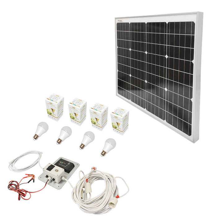 Set pannello solare 50W fotovoltaico monocristallino 670x540x30mm 12-24V presa accendisigari con 4 lampadine 9W