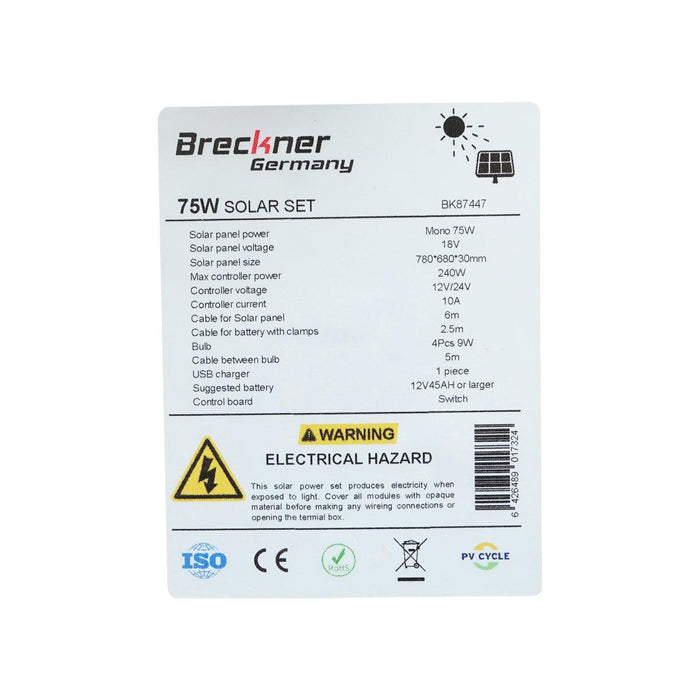 Set pannello solare 75W fotovoltaico monocristallino 790x690x75mm 12-24V 4 lampadine LED 9W B