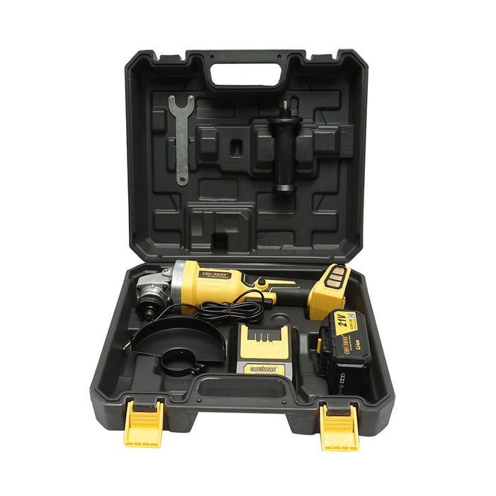 Smerigliatrice angolare con batteria al litio 21V/4Ah, motore brushless, 3 velocità, diametro disco 115mm Crownman