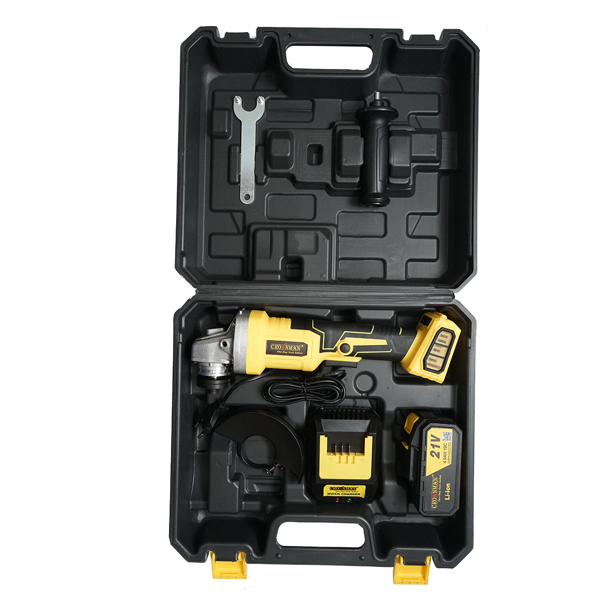 Smerigliatrice angolare con batteria al litio 21V/4Ah, motore brushless, 3 velocità, diametro disco 115mm Crownman