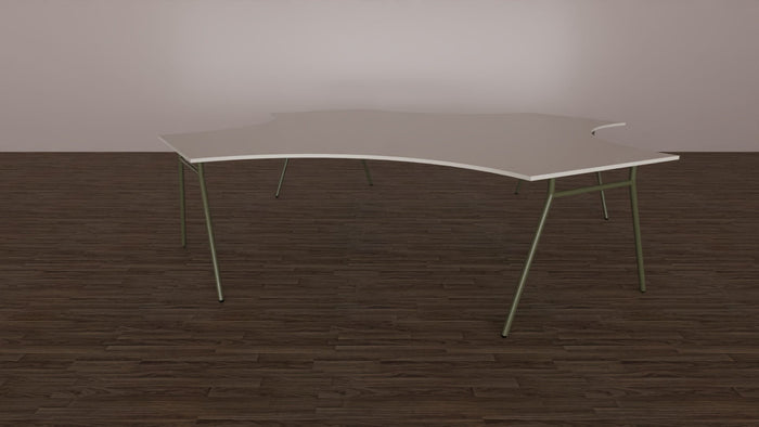 Bench per ufficio operativo con piani sagomati a 4 posti, con top in melaminico e struttura metallica cm. 360x364x75h