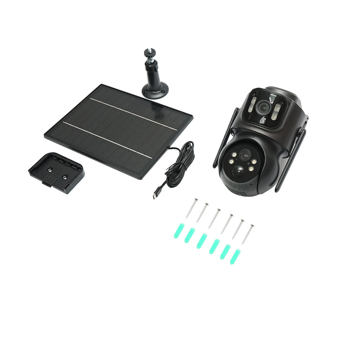 Telecamera di sorveglianza con lente doppia 4 MP, pannello solare 7.6W, batteria 18650 a ricarica rapida, WIFI 2.4 GHz, rotazione 360° PTZ con sensore di movimento, rilevamento umano PIR, allarme, visione notturna e applicazione iCSee