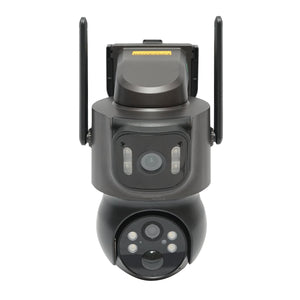 Telecamera di sorveglianza con lente doppia 4 MP, pannello solare 7.6W, batteria 18650 a ricarica rapida, WIFI 2.4 GHz, rotazione 360° PTZ con sensore di movimento, rilevamento umano PIR, allarme, visione notturna e applicazione iCSee