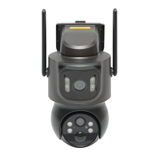 Telecamera di sorveglianza con lente doppia 4 MP, pannello solare 7.6W, batteria 18650 a ricarica rapida, WIFI 2.4 GHz, rotazione 360° PTZ con sensore di movimento, rilevamento umano PIR, allarme, visione notturna e applicazione iCSee