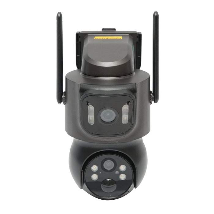 Telecamera di sorveglianza con lente doppia 4 MP, pannello solare 7.6W, batteria 18650 a ricarica rapida, WIFI 2.4 GHz, rotazione 360° PTZ con sensore di movimento, rilevamento umano PIR, allarme, visione notturna e applicazione iCSee