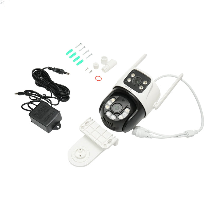 Telecamera di sorveglianza con lente doppia 6 MP, P2P WIFI 2.4GHz, rotazione 360° PTZ, sensore di movimento, sirena, rilevamento umano e applicazione iCSee