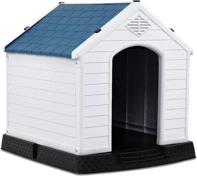 Cuccia per Cani da Esterno ed Interno, Cassetta Impermeabile e Ventilata con Valvole d’Aria e Pavimento Rialzato, per Cani di Piccola e Media Taglia (Blu, 78,5 x 87,7 x 81,5 cm)