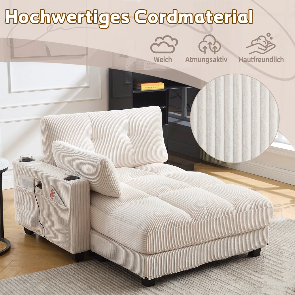 Poltrona Lounge con USB e Portabicchieri; Poggiatesta Regolabile; Tasca Laterale; in Velluto a Coste Beige