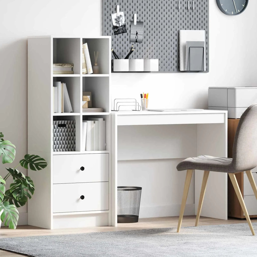 Scrivania | Tavolo da Ufficio con cassetto con lo scaffale 2 pz Bianco
