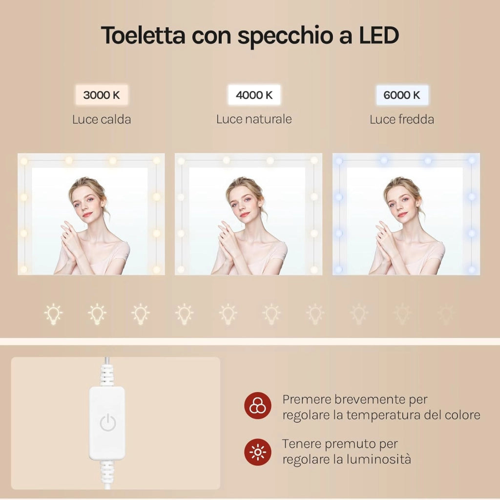 Grande toeletta da trucco, Toeletta con Specchio e Luci, Tavolo da trucco con specchio, Postazione Trucco con 7 cassetti per Camera da Letto, bianco, 107 cm
