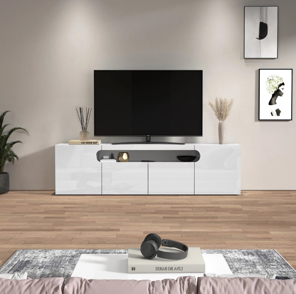 WHOUS Mobile porta TV Real con 4 ante e 1 vano aperto bianco lucido 200x40x60 cm