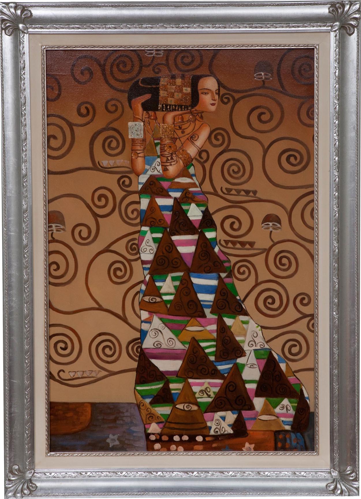 Biscottini Dipinto a mano olio su tela con cornice in legno finitura foglia argento