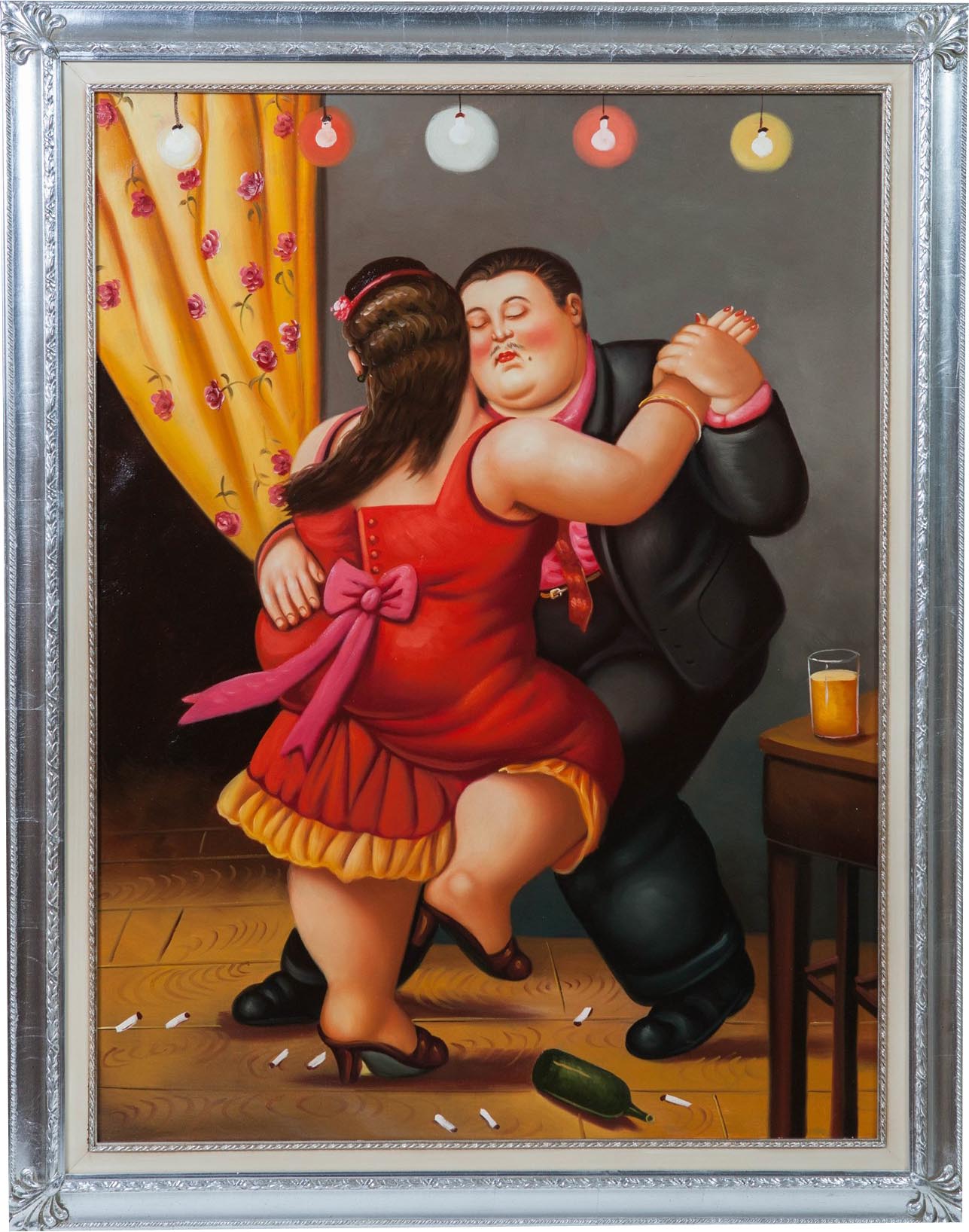 Biscottini Dipinto a mano olio su tela con cornice in legno finitura foglia argento