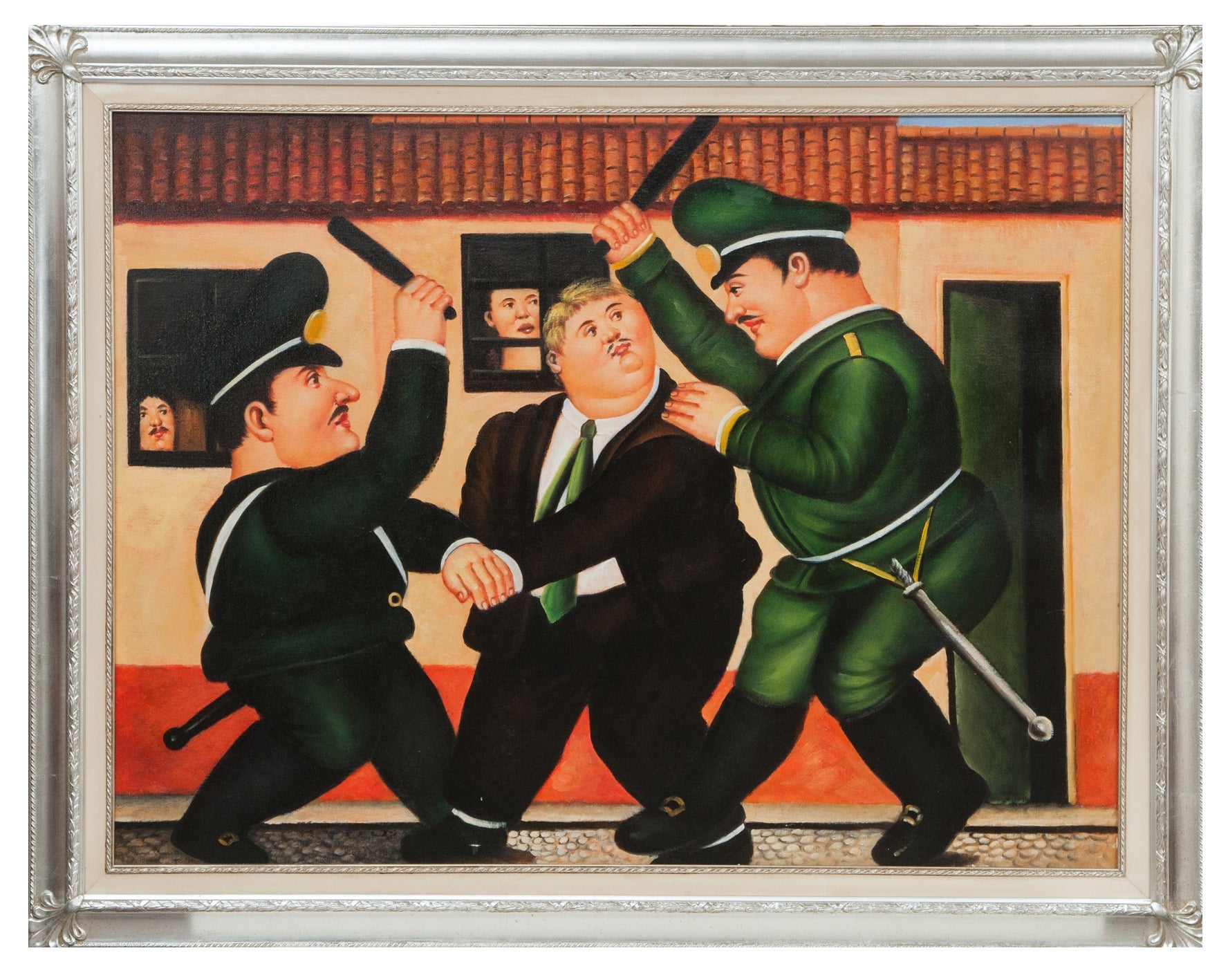 Biscottini Dipinto a mano olio su tela con cornice in legno finitura foglia argento GUARDIE BOTERO 140