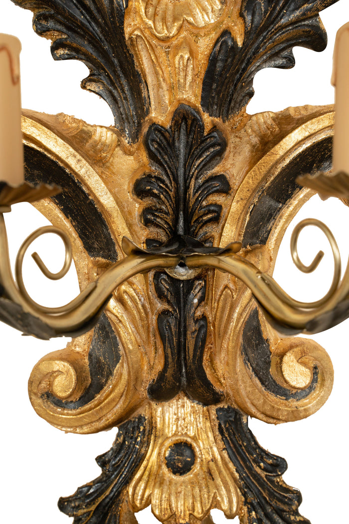 Biscottini Lampada Applique Shabby in legno e ferro finitura foglia oro anticato e nero Made In Italy