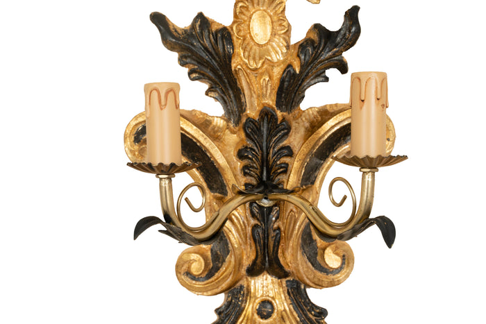 Biscottini Lampada Applique Shabby in legno e ferro finitura foglia oro anticato e nero Made In Italy