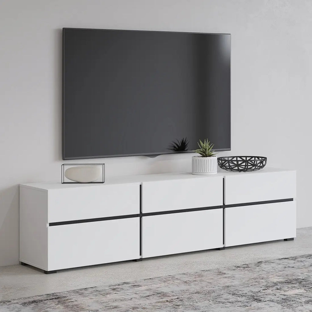 Mobile TV 180cm colori bianco e nero collezione HAVANA. Mobile design con 3 porte e 3 cassetti.