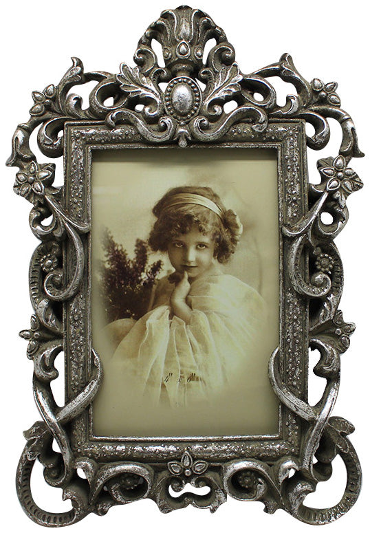 Biscottini Portafoto da appoggio a cuore in resina finitura argento anticata L18xPR2xH27 cm