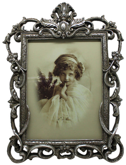 Biscottini Portafoto da appoggio a cuore in resina finitura argento anticata L23,5xPR2xH32 cm