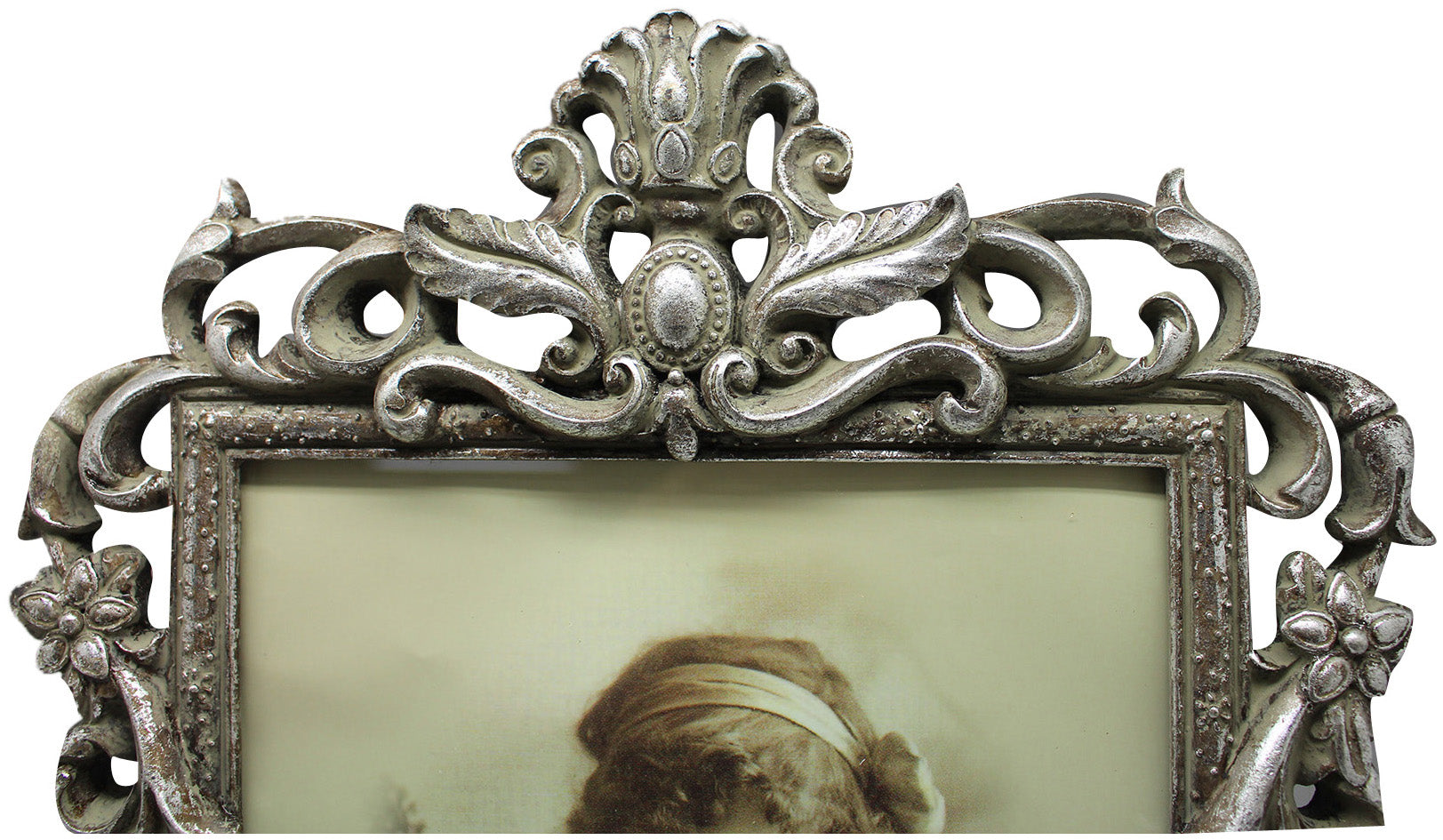 Biscottini Portafoto da appoggio a cuore in resina finitura argento anticata L29,5xPR2xH39 cm