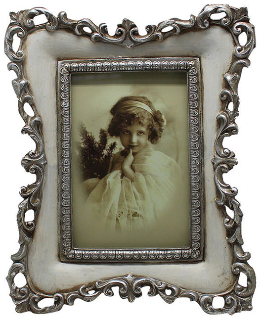 Biscottini Portafoto da appoggio verticale/orizzontale in resina finitura argento e bianca anticata L19,5xPR3xH24 cm