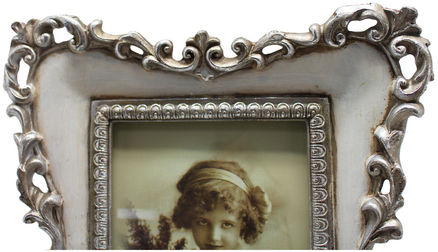 Biscottini Portafoto da appoggio verticale/orizzontale in resina finitura argento e bianca anticata L19,5xPR3xH24 cm