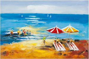 Biscottini Quadro olio su tela dipinto a mano ombrelloni in spiaggia 90x3x60 dare tocco