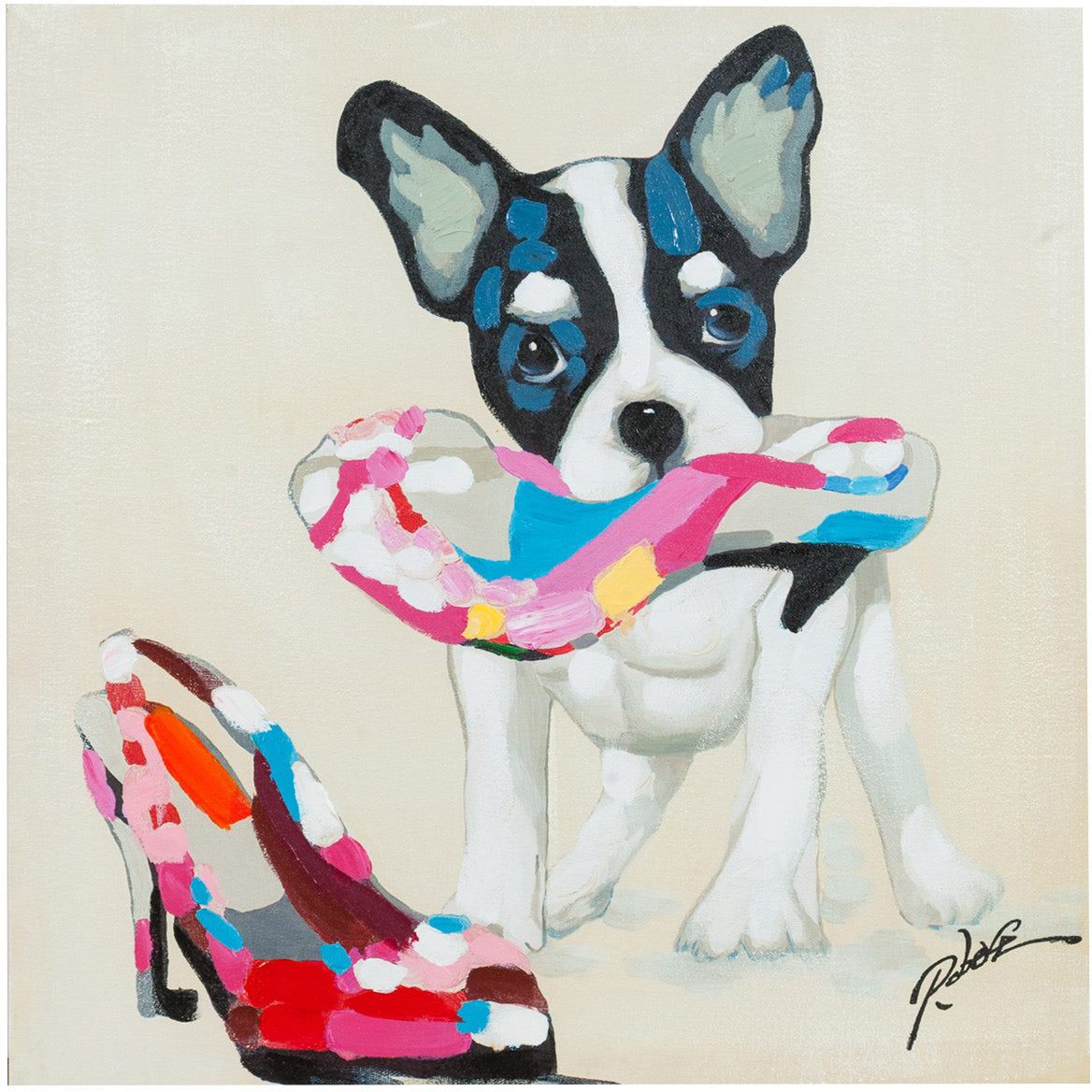 Biscottini Quadro olio su tela dipinto a mano scarpe e cane 60x3x60 dare tocco L60xPR3xH60