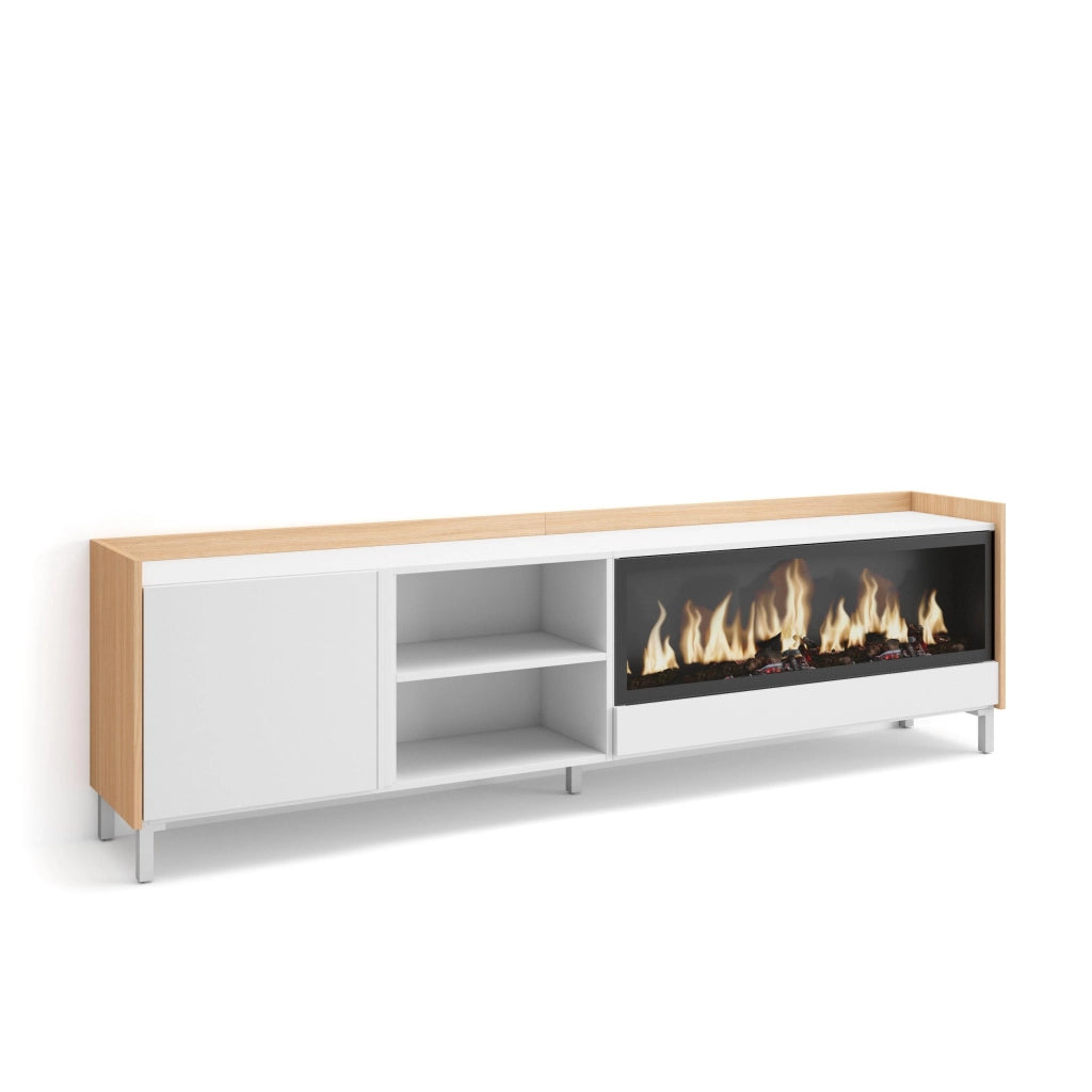 Mobile TV Soggiorno, 212x61x35 cm, Per TV fino a 80", Camino elettrico XXL, Design industriale, Bianco e Rovere soft