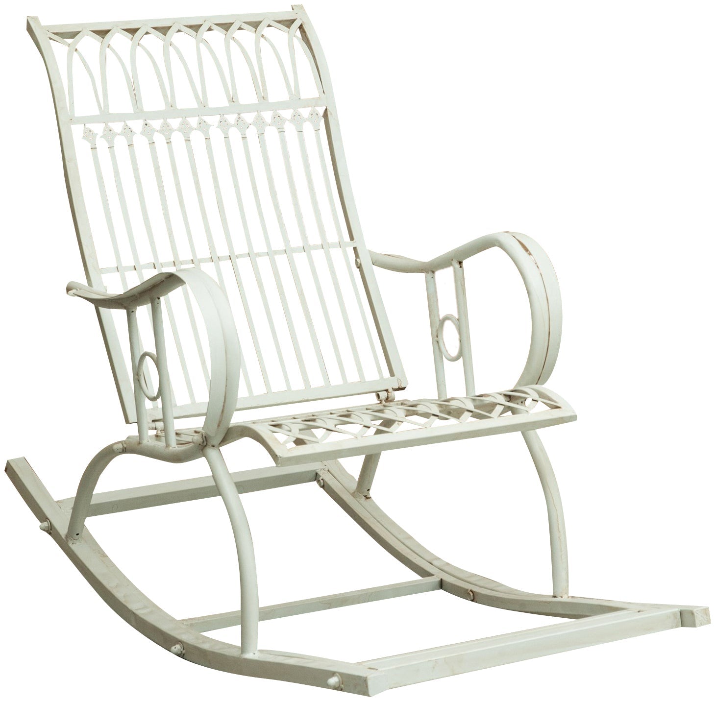 Biscottini Sedia poltrona sdraia a dondolo in ferro battuto finitura bianca anticata L127xPR64xH90 cm