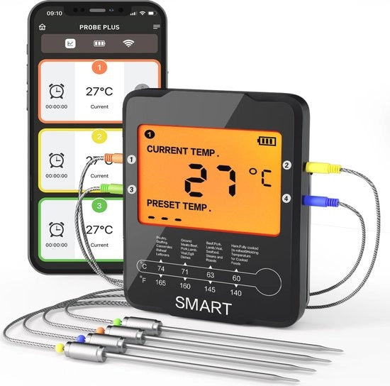 Termometro a Infrarossi per Carne per BBQ con 4 Sondine - Termometro Digitale per Grigliate e Barbecue