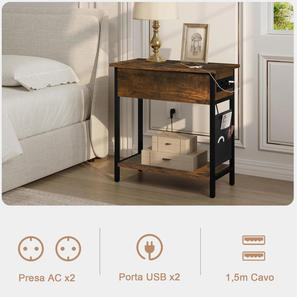 Tavolino da Salotto con Area di Ricarico, Tavolino da Divano Laterale, Comodino con Piano Ribaltabile, Scatola in Tessuto, 2 Prese e 2 Porta USB, Rovere Vintage