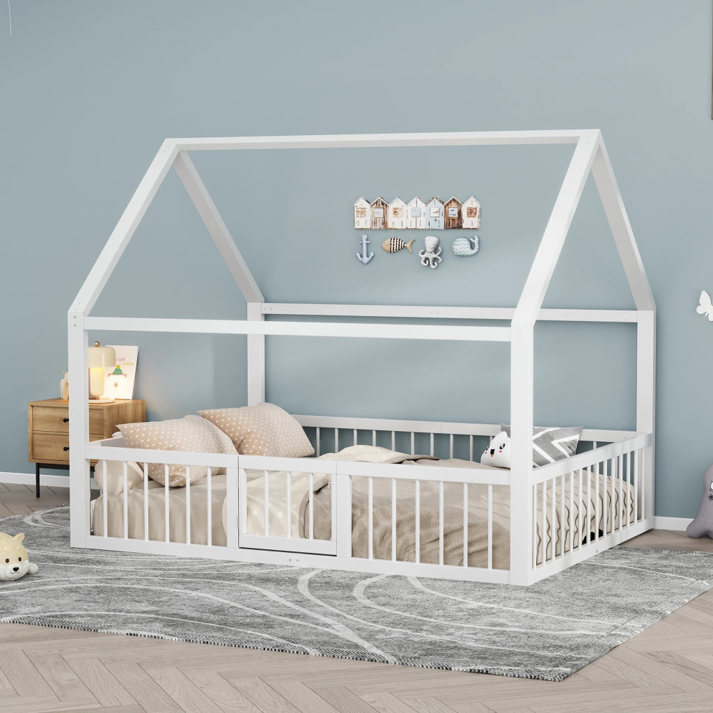 Letto a baldacchino in metallo bianco 140x200 cm con ringhiera per bambini