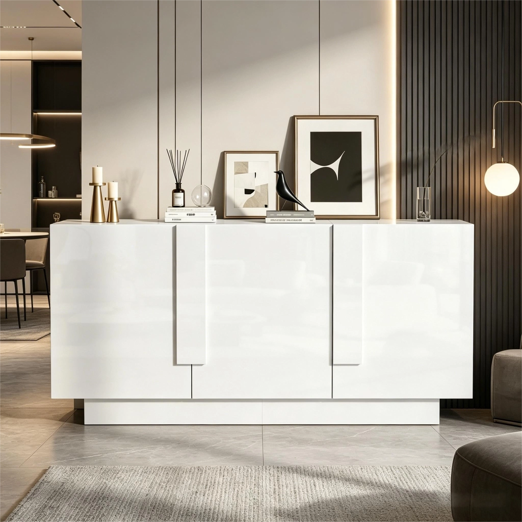 Credenza con 3 ante e 6 vani; ripiani regolabili - per soggiorno e sala da pranzo - 160×35×60 cm - bianco