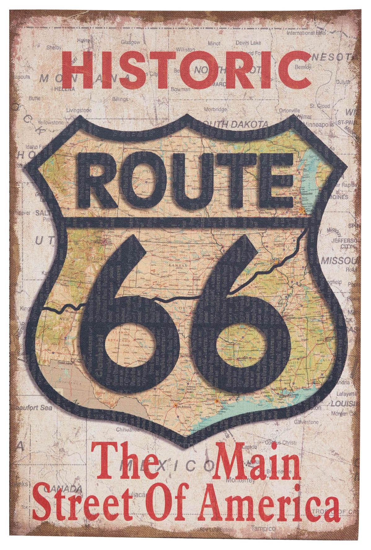 Biscottini Stampa 'HISTORIC ROUTE 66' su tela in juta grezza anticata L60xPR2xH90 cm