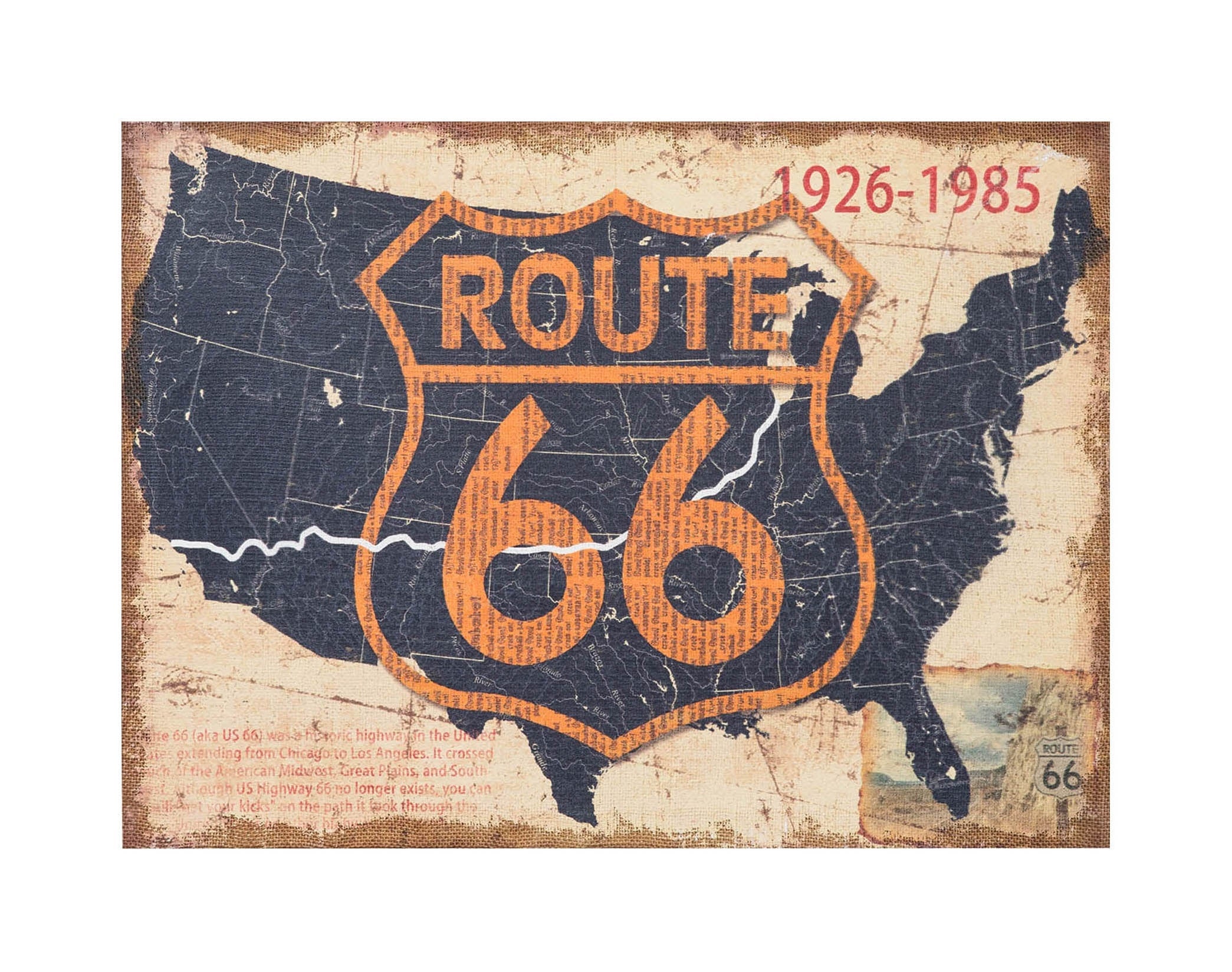 Biscottini Stampa 'ROUTE 66' su tela in juta grezza anticata L60xPR1,9xH45 cm dimensioni