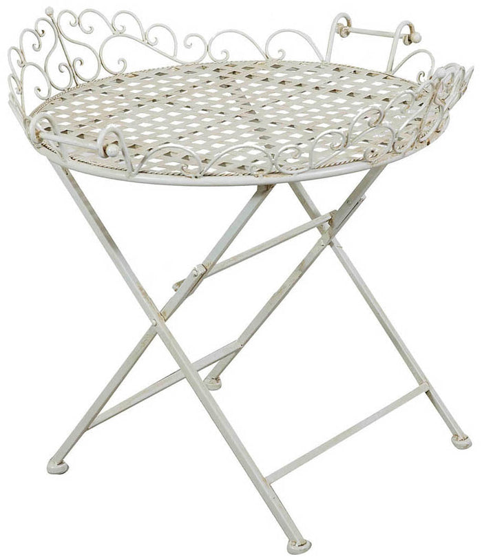 Biscottini Tavolino vassoio pieghevole in ferro battuto finitura bianca anticata diam.72x65 cm